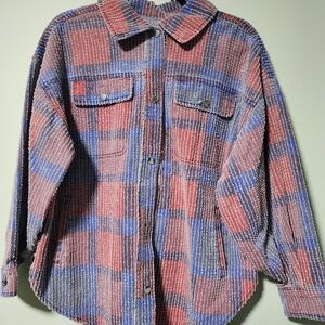 BiBi Textured Plaid Button Down Shirt - Red and Blue